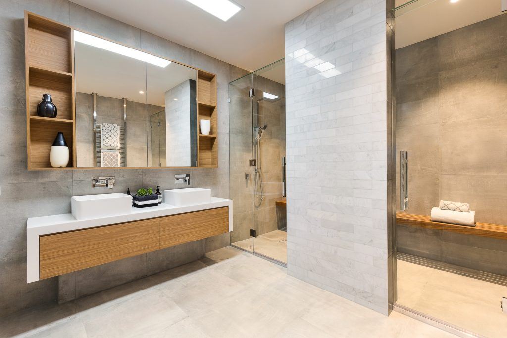 modern bathroom interior with new lighting and sink